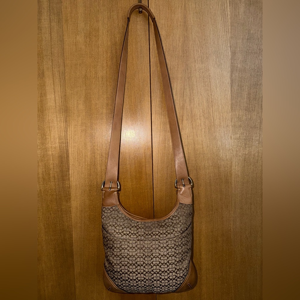 Coach Signature Jacquard & Leather Hobo Shoulder/Crossbody Bag Brown Tan 6386 - Picture 12 of 16